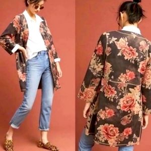 SOLITAIRE Anthropology Floral Rose Faux Suede Open Front Duster Jacket Size M 🌺